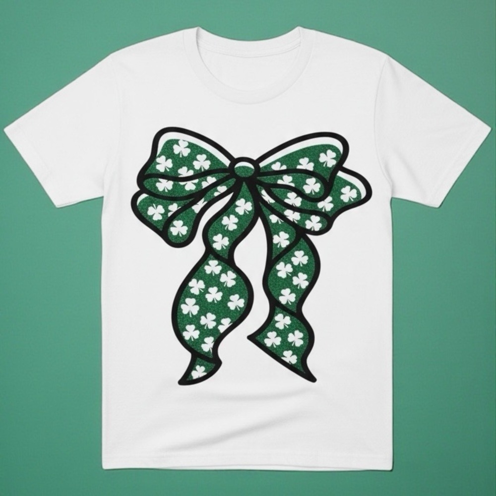 Bella Canvas🍀 St. Patrick’s Day White Tee 🍀Green Glitter Shamrock Bow🍀Size XL